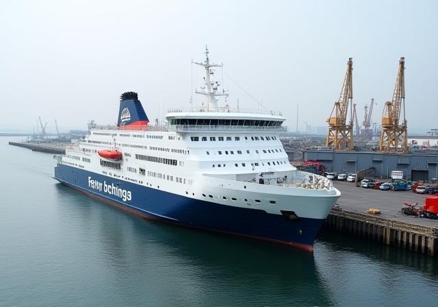 View of Rostock port with a ferry vessel docked