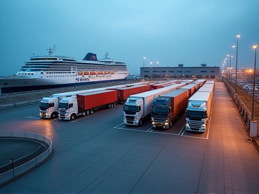View of Rostock port area with several trucks waiting near the ferry terminal