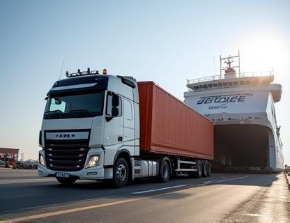 Large cargo truck trailer being loaded onto a ferry