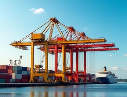 Towering port cranes lifting shipping containers at Rostock harbor