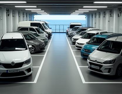 Several cars and campervans parked securely on the deck of a ferry
